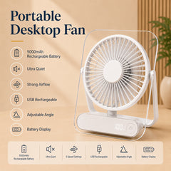 USB Desk Fan, 5000Mah [15H Max Working Time] Ultra Quiet Battery Operated Small USB Fan with Strong Wind, 180° Tilt Foldable And 5 Speeds Adjustable, Battery Powered Mini Personal Fan for Office Bedroom Desktop - Gift