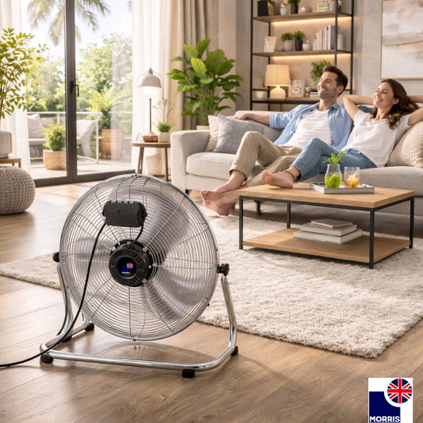 Morris Floor Fan 12 Inch Strong Airflow 3 Speeds Aluminium Blades Tilt Head 135° Portable Compact Fan for Bedroom Office Home Silver