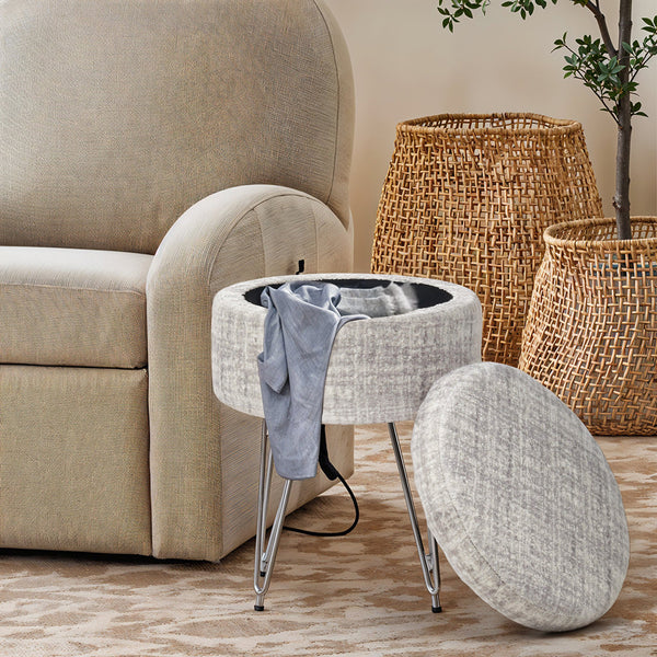 1pc Round Footrest Stool Ottoman with Storage, Makeup Vanity Chair Stool Side Table, Dressing Table Stool with Metal Legs, Couch Stool Portable Space-saving Lounge Chair for Living Room Bedroom Office Kitchen, 38x38x48cm (White)