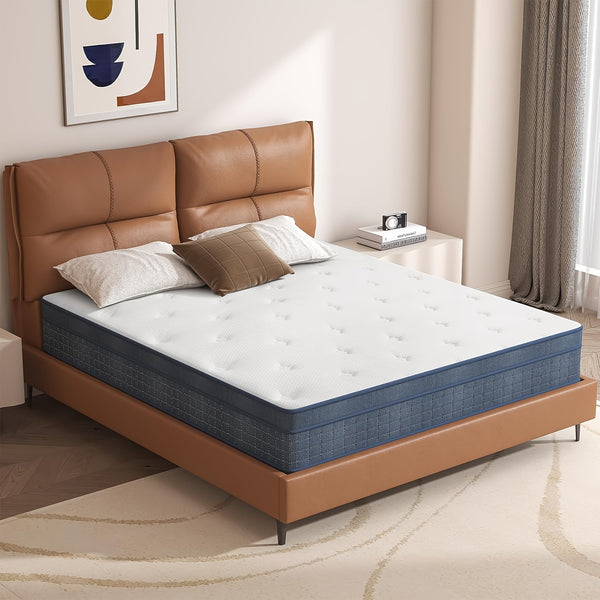 26cm/10.2in) Premium Hybrid Mattress: Individual Pocket Springs & 7-Zone Gel Foam, Medium Firm, Motion Isolation, Blue & White Design