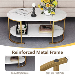 GYMAX White Faux Marble Coffee Table, 2-Tier Modern Oval Center Table with Open Storage Shelf, Gold Metal Frame Cocktail Table for Living Room, Bedroom