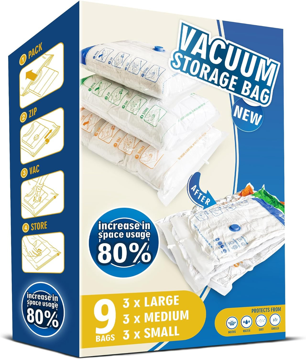 Storage Master Space Saver Bags for Travel and Home Reusable Vacuum Storage Bags save 80% More Storage Space Work with Vacuum Cleaner (9 Combo, No Pump Included)