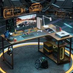 L Shaped Gaming Desk with Power Outlets Corner Computer Desk 110x80CM with Shelves Headphone Hook PC Table Workstation for Home Office Bedroom