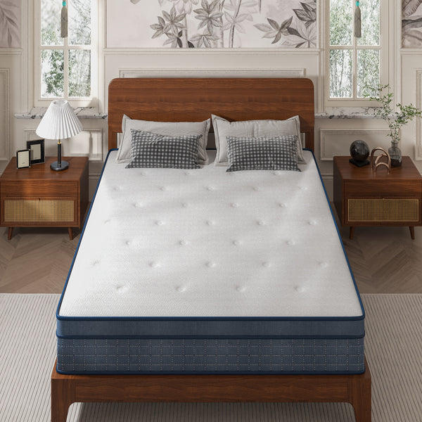 Mattresses Available in Single, Small Double, Double, And King Sizes Featuring Pocket Springs, a 26Cm (10.23 Inches) Medium-Firm Memory Foam Design with Seven Layers. Offers Pressure Relief And Motion Isolation in Blue And White