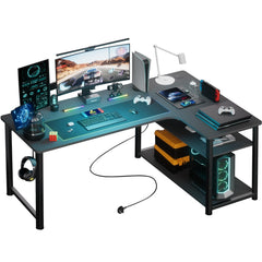 L Shaped Gaming Desk with Power Outlets Corner Computer Desk 110x80CM with Shelves Headphone Hook PC Table Workstation for Home Office Bedroom