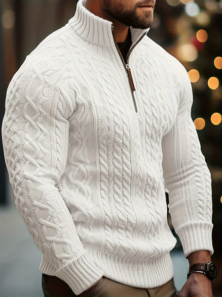 Men's Sweater, Half-high Collar Zip-up Cable Knit Sweater, with Adjustable Collar Opening, Crafted Using Classic Cable Knit Technique, Simple and Versatile, Suitable for Casual Daily Wear, Presenting a Mature and Stable Fashion Style, Ideal for