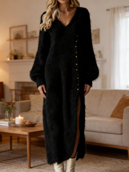 2026 Autumn and Winter V-neck Loose Lazy Style Button Decoration Slit Dress Temperament