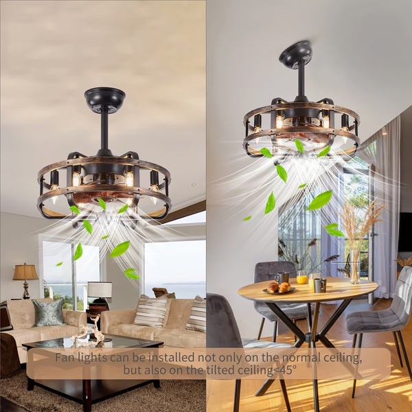 Farmhouse Ceiling Fans with Light 3 Speeds Reversible Ceiling Fan Remote Control Timing Flush Mount Low Profile Vintage Ceiling Fan with Lights Bedroom Kitchen 6* E12 Bulb
