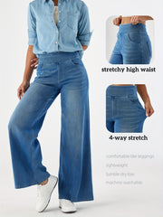 Women'S High-Waist Stretch Denim Wide-Leg Pants with Multiple Pockets, Distressed Vintage Casual Denim Long Pants