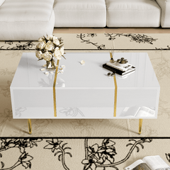 Marble Patterned Countertop Coffee Table with Gold Lines Rectangular Side Table, 2 Drawers, Modern Living Room Coffee Table