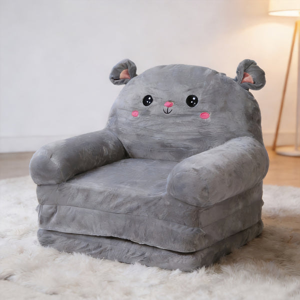 Cozy Kid Folding Sofa, Plush, Washable Lounge Chair for Playroom & Nursery, Gray Dog Style Foldable Wide Handle Soft Breathable Toddler Chair for Reading Relaxing Sleeping(2 Layers)