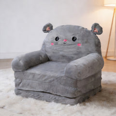 Cozy Kid Folding Sofa, Plush, Washable Lounge Chair for Playroom & Nursery, Gray Dog Style Foldable Wide Handle Soft Breathable Toddler Chair for Reading Relaxing Sleeping(2 Layers)
