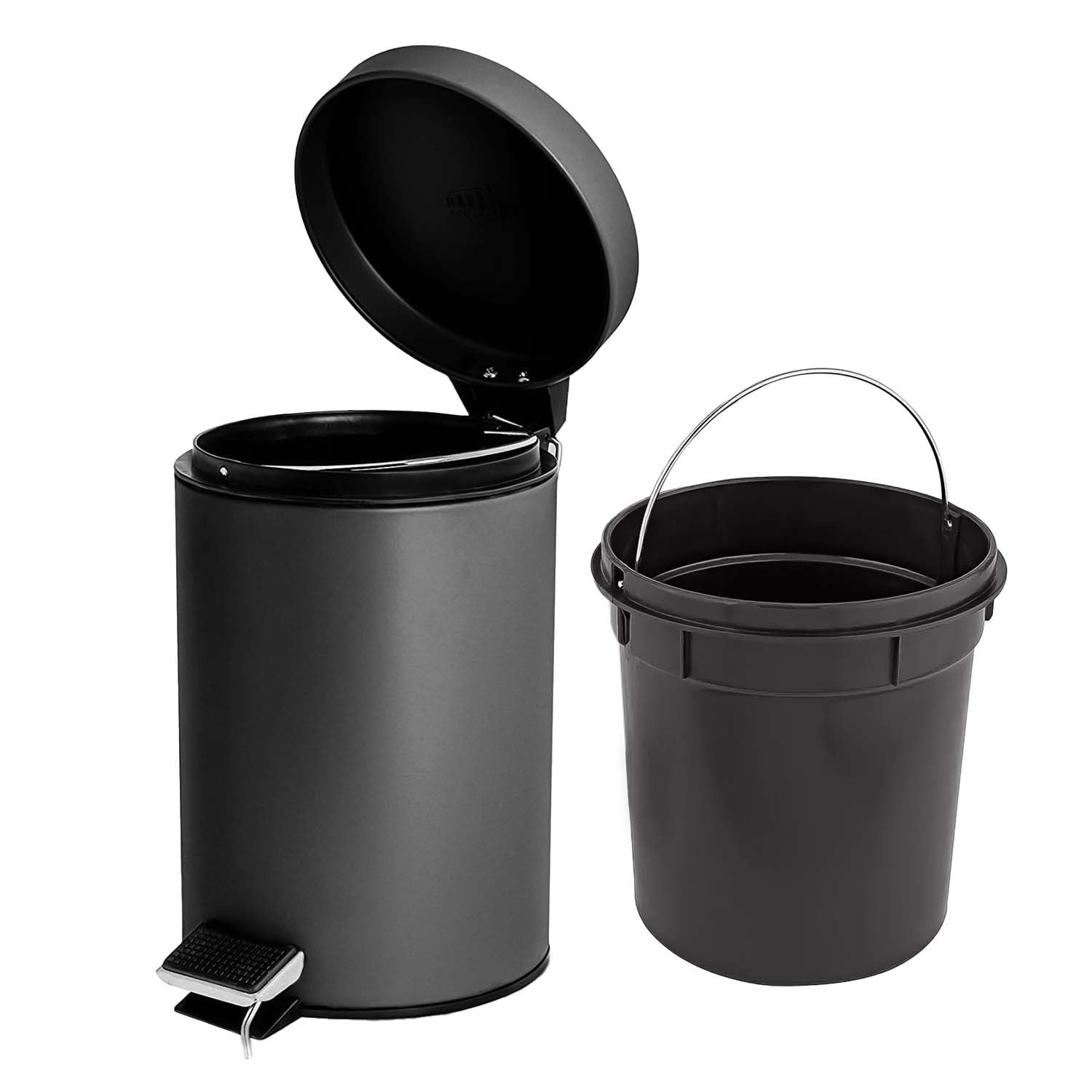 3L Pedal Bin Round Matt Black - Stainless Steel Pedal Bin with Lid - Household Rubbish Bin for Bathroom, Kitchen & Office - Rustproof Dustbin with Removable Plastic Container - Garbage