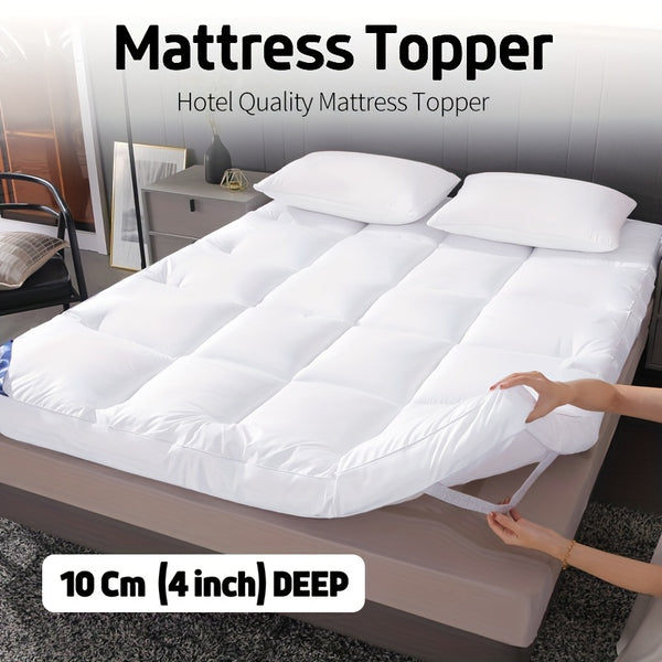 4 Inch/10cm Microfibre Mattress Topper 1100 GSM Heavy Fill Super Soft And Fluffy Hand Filled Single Double King Super All Sizes | Elasticized Corner Straps Fits Up to 30cm
