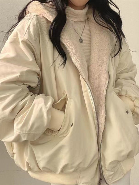 Women's Winter Double-Sided Plush Padded Jacket with Hood & Pockets - Thickened Lamb Outer Coat, Zipper Closure, Solid Color Casual Sweater for Cold Weather (No elastic fabric)