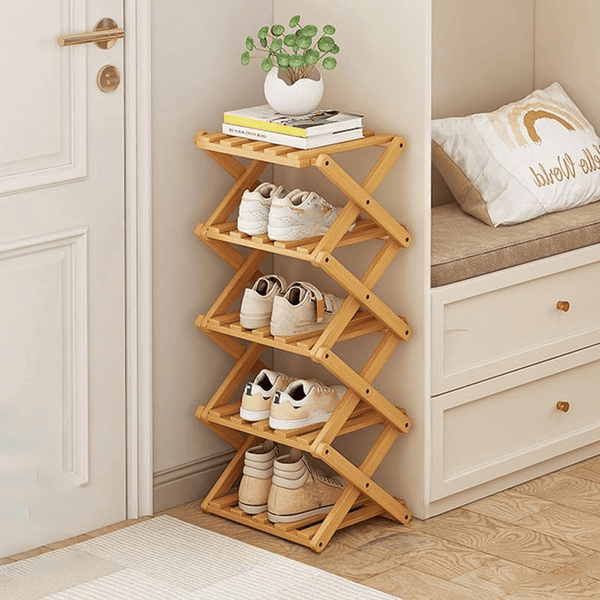 4/5/6/7 Tiers Bamboo Wooden Shoe Rack, Vertical Shoe Racks Storage Shelves Tall Shoe Tower, Collapsible Narrow Shoe Stand, Installation Free Folding X-Shape Shoe Racks Sneakers Slippers Holder Organizer, Multi Functional Shoe Rack Durable Footwear Cabinet