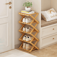 4/5/6/7 Tiers Bamboo Wooden Shoe Rack, Vertical Shoe Racks Storage Shelves Tall Shoe Tower, Collapsible Narrow Shoe Stand, Installation Free Folding X-Shape Shoe Racks Sneakers Slippers Holder Organizer, Multi Functional Shoe Rack Durable Footwear Cabinet