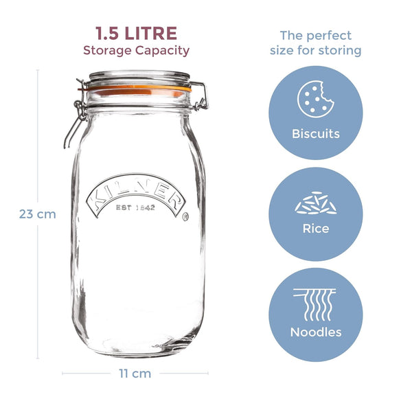 Kilner Clip Top Jar 1.5 Litre (1500 Ml) Airtight Glass Storage Jar for Preserving Fruits Vegetables Coffee Tea Rice Flour Nuts Pasta