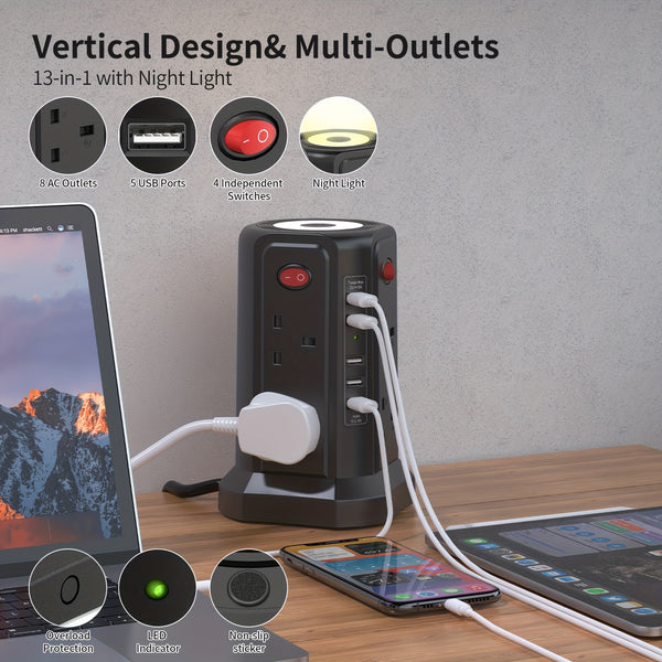 Upgraded New Product Tower Extension Lead with USB Slots 3.02m, 20W Fast Charger with Night Light, (13A 3250W)5 USB Ports & 8 Way, Surge Protected Extension Lead with 4 Independent Switch, Extension Cable for Home Office for Business for Factory