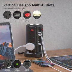 Upgraded New Product Tower Extension Lead with USB Slots 3.02m, 20W Fast Charger with Night Light, (13A 3250W)5 USB Ports & 8 Way, Surge Protected Extension Lead with 4 Independent Switch, Extension Cable for Home Office for Business for Factory