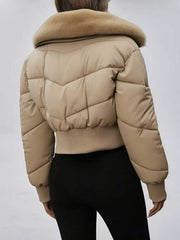 Winter Women's Short Cropped Puffer Jacket with Thickened Winter Coat - Elegant Long-Sleeve Zippered Outerwear, Lined Collar & Waist Pockets, Machine Washable for Casual Winter Wear, Everyday Outfits & Light Outdoor