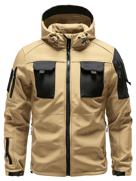 Men'S Fleece Warm Softshell Jacket Outdoor Camping Mountaineering Skiing Hiking Jacket Multi-Pocket Hooded Tactical Coat Autumn And Winter Workwear