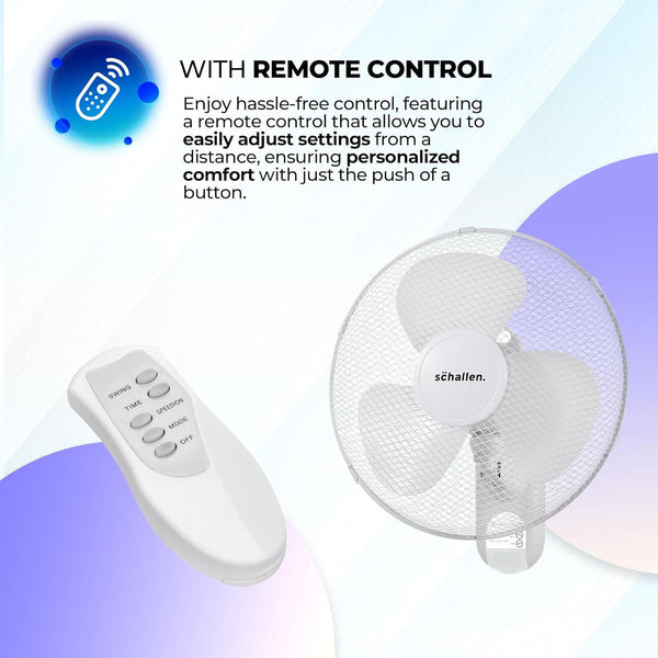 Schallen White 16 Inch Wall Mounted Fan 40cm Oscillating Cooling Fan with Remote Control, 3 Speed Settings, Timer Function, Adjustable Tilt Air Circulator Wall Fan for Bedroom, Kitchen, Office, Garage, Home Cooling Fan UK Plug