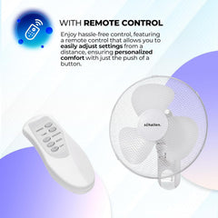 Schallen White 16 Inch Wall Mounted Fan 40cm Oscillating Cooling Fan with Remote Control, 3 Speed Settings, Timer Function, Adjustable Tilt Air Circulator Wall Fan for Bedroom, Kitchen, Office, Garage, Home Cooling Fan UK Plug