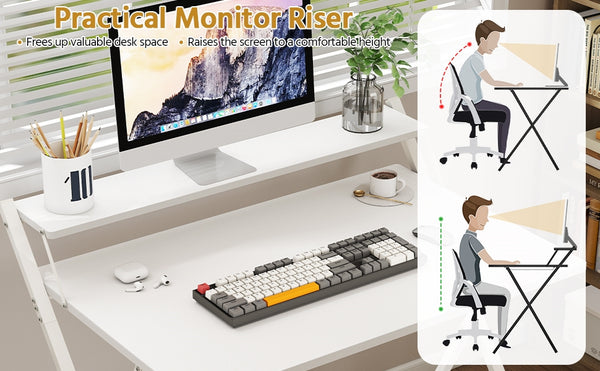 Costoffs 2-Tier Foldable Computer Desk with Monitor Shelf, Portable Laptop Table for Home Office Dorm Small Space, Modern Compact PC Desk, Black/White/Wood