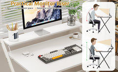 Costoffs 2-Tier Foldable Computer Desk with Monitor Shelf, Portable Laptop Table for Home Office Dorm Small Space, Modern Compact PC Desk, Black/White/Wood