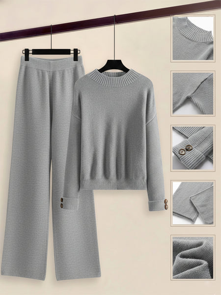 Women's 2pcs Set with Side Stripe| Crewneck Sweater & Relaxed Fit Straight Leg Pants| Soft Loungewear for Spring Autumn | European Casual Y Style
