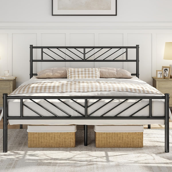 Chic Arrow-Patterned Metal Bed Frame with Under-Bed Storage - Easy Assembly, No Box Spring Needed - Black | Sizes: 91.44cm Single, 4ft6 Double, 152.4cm King, Slatted Bed Platform, Headboard, Oyajia