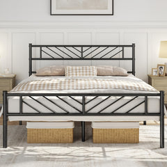 Chic Arrow-Patterned Metal Bed Frame with Under-Bed Storage - Easy Assembly, No Box Spring Needed - Black | Sizes: 91.44cm Single, 4ft6 Double, 152.4cm King, Slatted Bed Platform, Headboard, Oyajia