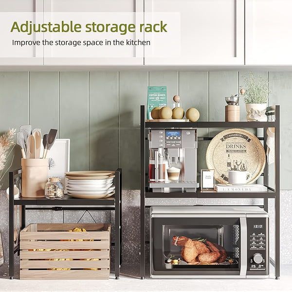 2/3-tier Expandable Microwave Oven Rack Countertop with 4 Hooks, Includes A Chopstick Holder, Cutting Board Holder, And 3 Towels. Kitchen Storage And Organization; Adjustable From 40-64cm; Suitable for All Kitchens (black, White).