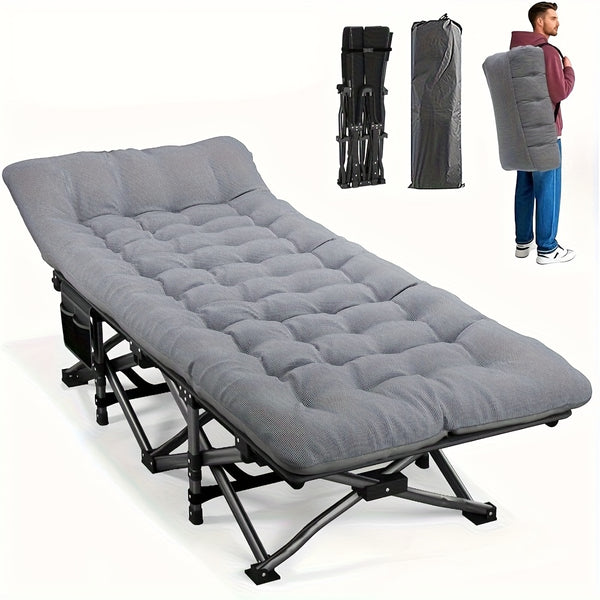 Folding Bed Portable Folding Camping Bed For Adults, Weight Capacity 199.58kg, With Mattress And Side Pocket - Lightweight And Sturdy Frame, Fishing Bed, Suitable For Camping, Home, Office, Travel, Picnic, Family Bed, Compact Design, Large Capacity