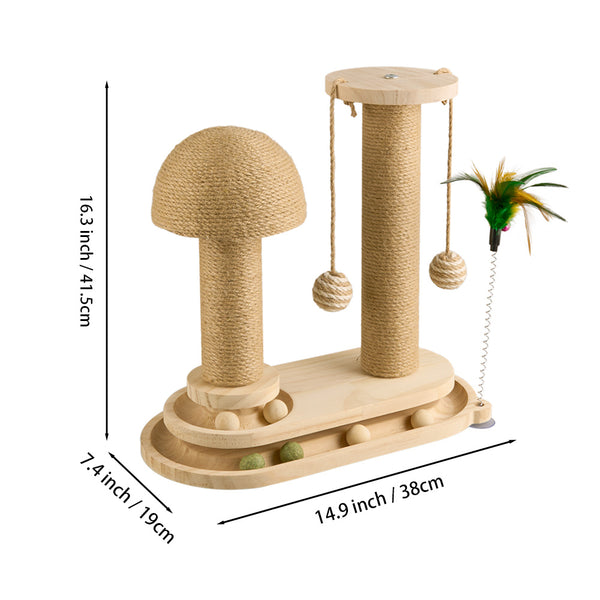 Solid Wood Cat Scratch Pole Cat Turntable, Cat Spring Teasing Stick, Cat Scratch Board, Durable and Wear-resistant Cat Toys, Sisal Cat Climbing Frame, Bell Ball, Oval Mushroom Turntable