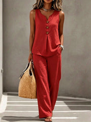 Spring Summer Women's Matching 2pcs Sets, V-Neck Sleeveless Button Top & Flowy Wide Leg Pants, Casual Resort Style Loungewear, Perfect for Summer Holiday, Staycation & Casual Outings, Holiday Essential