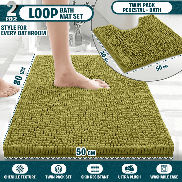 2-Piece Loop Bathroom Mat Set | Soft Chenille Microfiber Rugs with Non-Slip Backing | Machine Washable | Includes 50x80cm Bath Mat & 50x40cm Pedestal Mat | Stylish, Comfy & Durable | UK STOCK | LOCAL WAREHOUSE