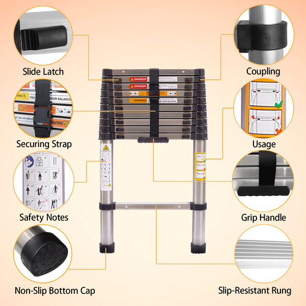 Telescoping Ladder 10.5ft/3.2m Stainless Steel Telescopic Extension Ladder Heavy Duty Collapsible Ladder Non-slip Angled Feet Securing Strap Delicate Design for Home Loft RV Ladder 330 lbs Capacity