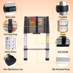 Telescoping Ladder 10.5ft/3.2m Stainless Steel Telescopic Extension Ladder Heavy Duty Collapsible Ladder Non-slip Angled Feet Securing Strap Delicate Design for Home Loft RV Ladder 330 lbs Capacity