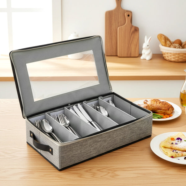 1pc 5-Compartment Fabric Flatware Organizer with Clear Lid - Portable Tension-Mounted Utensil Storage Box for Kitchen, Camping, Picnics - Chopsticks, Knife, Fork, Spoon Organizer, Picnic Flatware Holder | Stylish Table Accessory | Tension Mount Closure