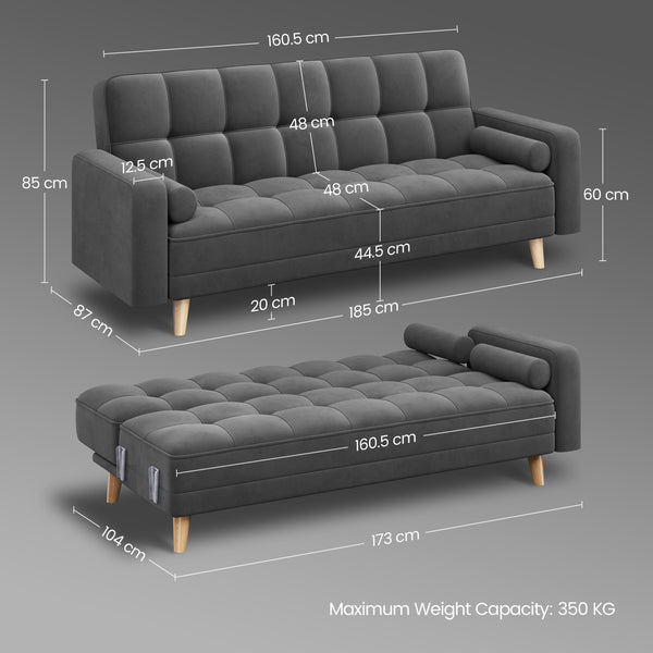 Costoffs Convertible Sofa Bed, Sofa Bed Velvet Convertible Sofa Bed 3 Seater Futon Sofa Bed with 2 Bolster Pillows and 3 Adjustable Back Angles for Apartments, Dens, Guest Rooms, Spare Rooms, Offices, and Lounges, Modern Grey/Blue/Green