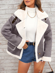 Women's Elegant Lapel Collar Plush Jacket with White Fur-Like Trim - Winter Warm Coat, Structured Fit Front Button Closure, Hand Washable Outerwear for Daily Travel & Holiday Outfits (Solid Color, Autumn/Winter) - Versatile Casual to Semi-Formal Wear
