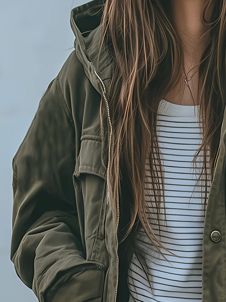 Women's Heavy-Duty -Style Hooded Jacket - All-Season Thick Winter Coat with Multi-Pocket Design, Olive Green Workwear Outerwear, Hood for Casual & (Machine Washable)