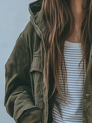 Women's Heavy-Duty -Style Hooded Jacket - All-Season Thick Winter Coat with Multi-Pocket Design, Olive Green Workwear Outerwear, Hood for Casual & (Machine Washable)