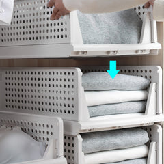 4 Pack Stackable Folding Clothing Storage Basket Drawers Wardrobe Closet Organizer Plastic Clothes Partition Shelf Stackable Hamper Bathroom, Bedroom, Office