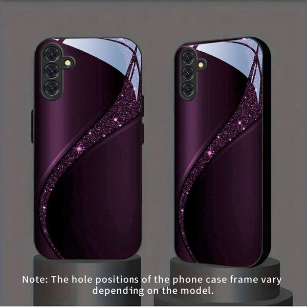 Phone Case: Phone Case - Purple Glitter Curve Texture New Black Phone Case Tempered Glass for iPhone 17 Air/ 16/ 15/ 14/ 13/ 12/ 11/ Plus/ Pro/ Pro Max and Galaxy S, A Series/ S22/ S23/ S24 FE/ S25/ S26 ULTRA PLUS.It Is the First Choice of Gift