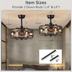 Caged Farmhouse Ceiling Fan with Light, 45.72cm Reversible 3 Wind Speed Industrial Ceiling Fan with 2 Down Rods, 1/2/4 Timing Quiet Flush Mount Rustic Ceiling Fan with Remote Control for Bedroom, Living Room, Dining Room, Kitchen