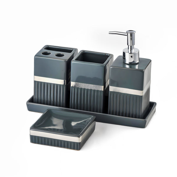 Ceramic Haven Elegance Collection | Set of 5 Luxury Bathroom Accessories | Soap Dispenser, Toothbrush Holder, Multipurpose Holder, Tumbler, Vanity Tray | Stylish Décor & Organizer