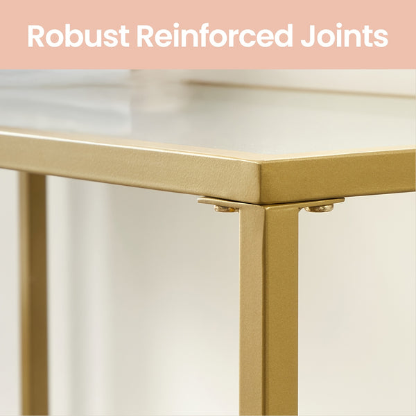 Modern Retro Glass Console Table with Golden Frame & Tempered Glass Top - Sturdy Sofa Table for Living Room, Hallway, Entryway - Space-Saving Narrow Design, Easy Assembly, Low-Maintenance Surface, Compact Accent Table for Small Spaces, Apartments, Apartme